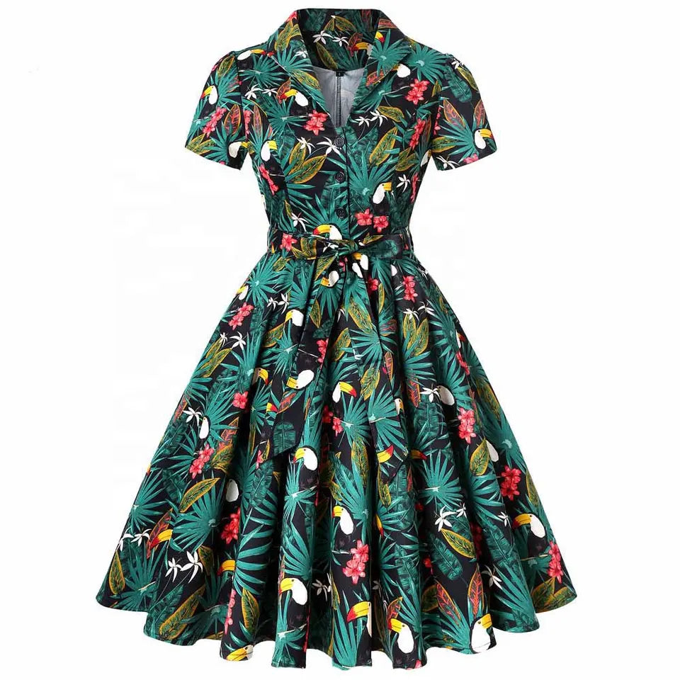 Toucan Palm Flower Print Vintage Dress